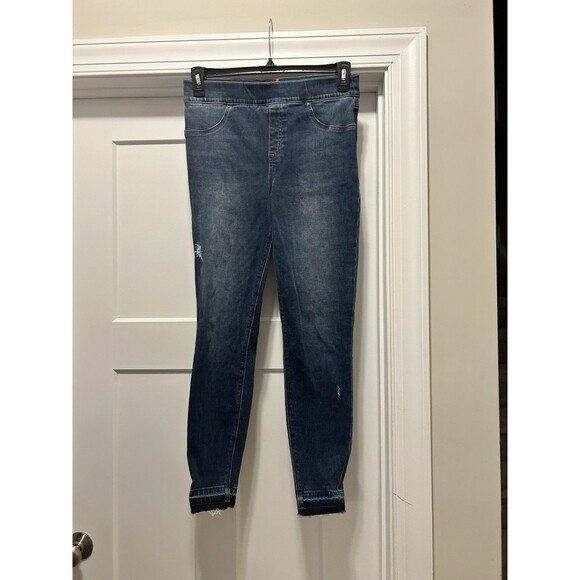 SPANX Size Large Dark Wash Skinny Pull-on Jeans Denim Shapewear Tummy Control - Picture 1 of 7